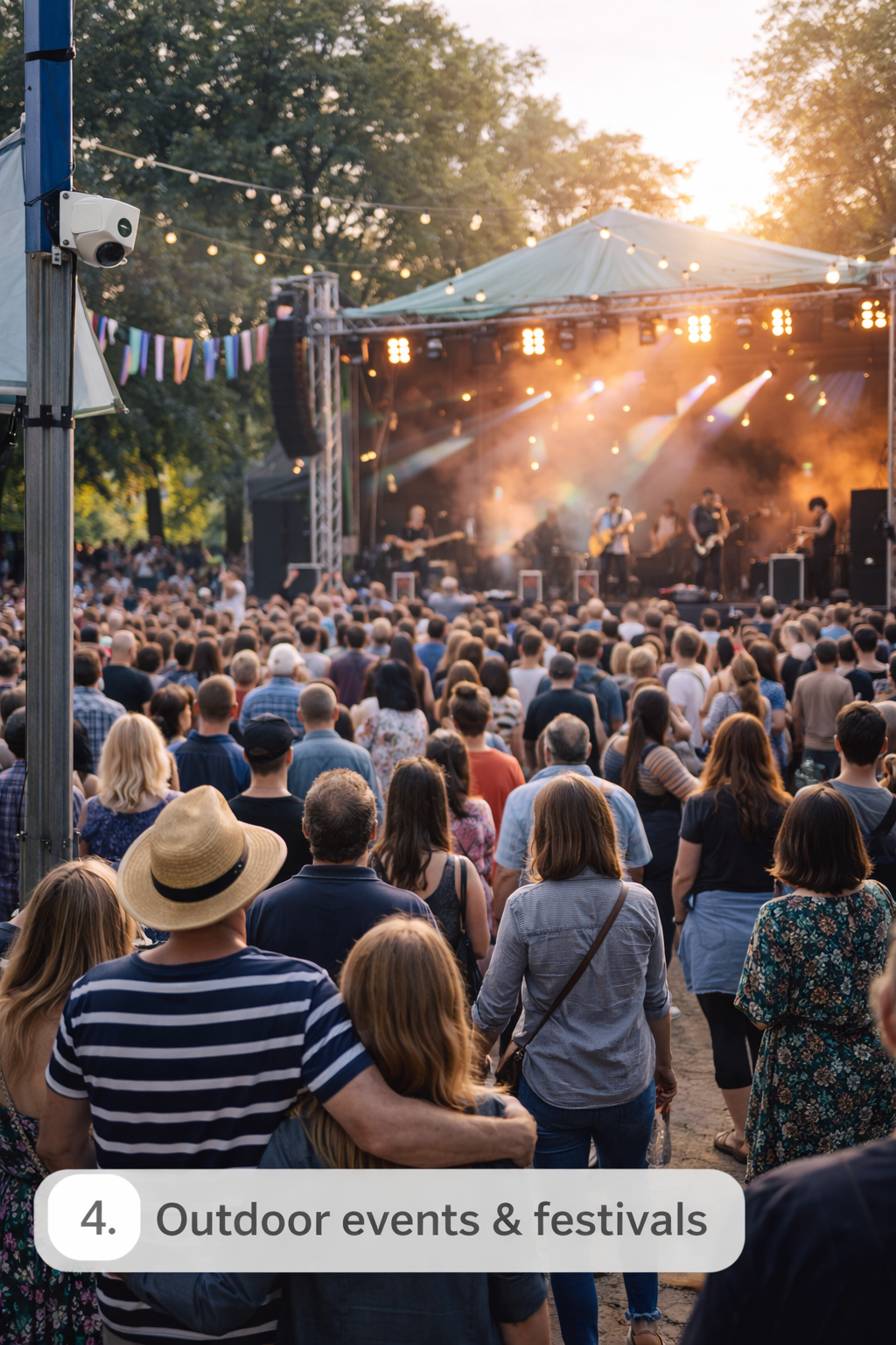 Crowd counting at an outdoor festival with stages and food zones