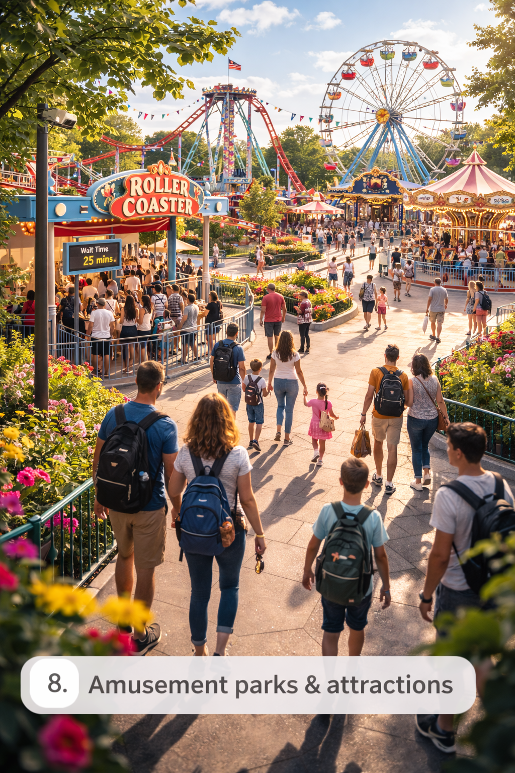 Guest flow measurement at an amusement park entrance and ride queues