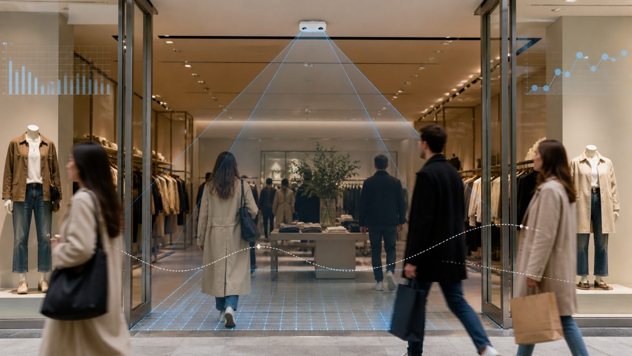 Sensor above a store entrance measuring passerby flow and capture rate