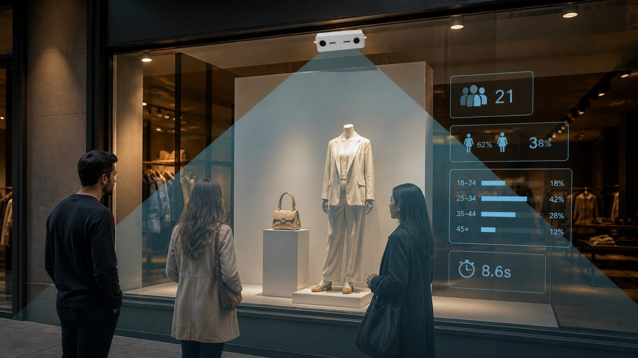 Storefront analytics showing window viewers, gender, age and dwell time