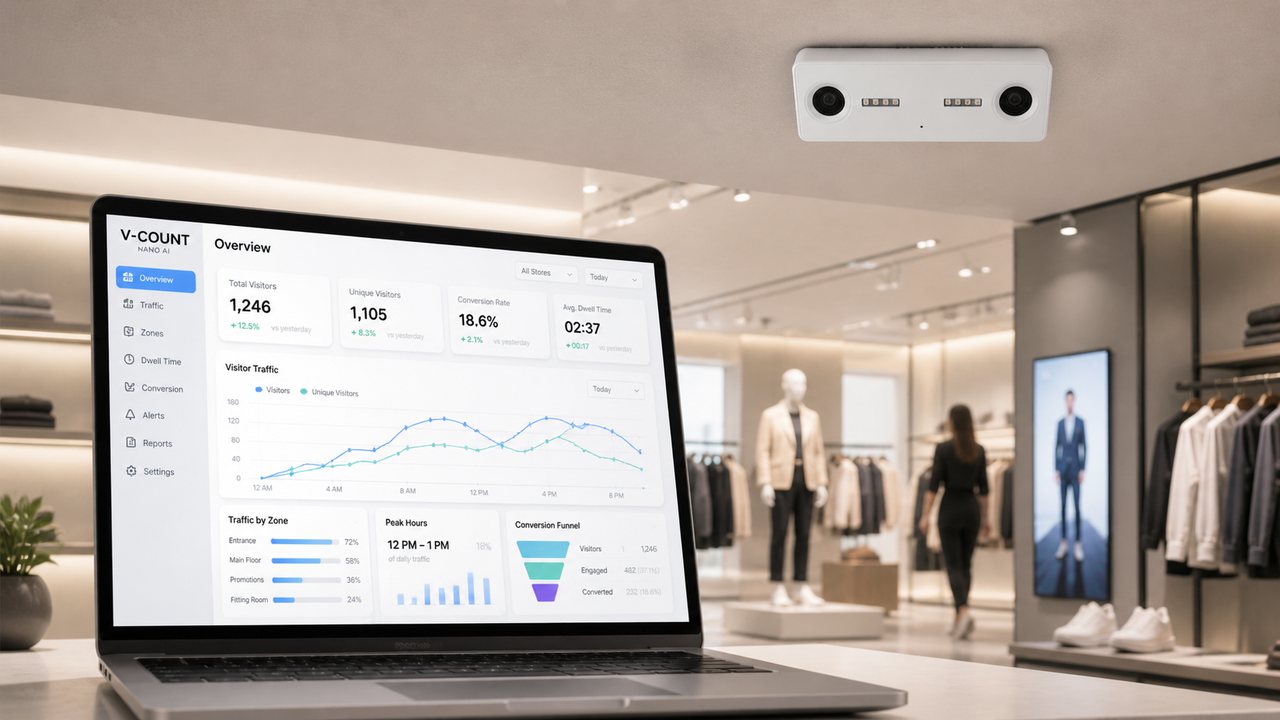 Retail team reviewing storefront analytics dashboard inside the store