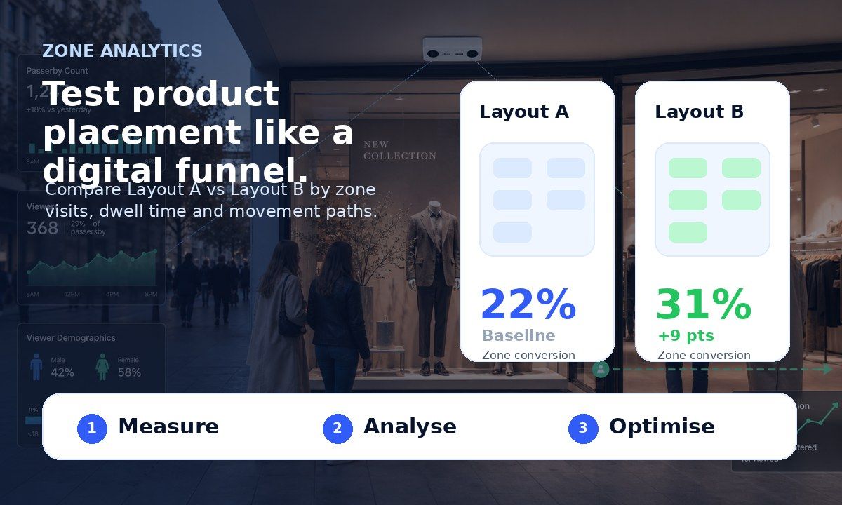 Zone analytics comparing Layout A and Layout B in a retail store