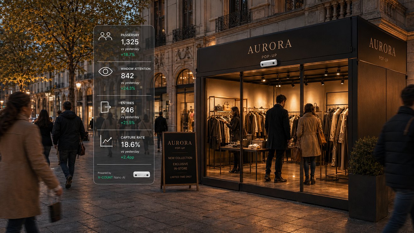 Street popup measured with real-time passerby, attention, entry and conversion metrics