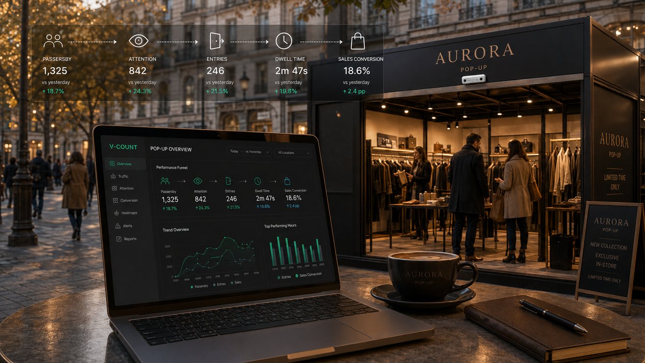 Dashboard showing the full storefront funnel from passersby to sales conversion