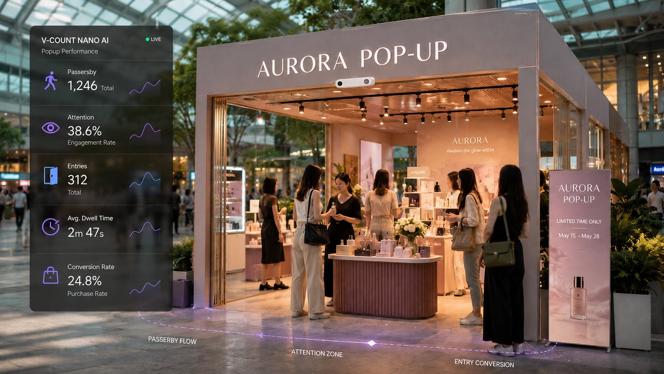 Mall popup storefront with engagement analytics and visitor measurement