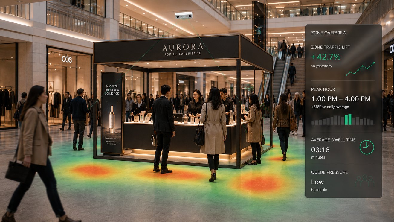 Zone heatmap with traffic lift, dwell time and queue metrics for a retail space