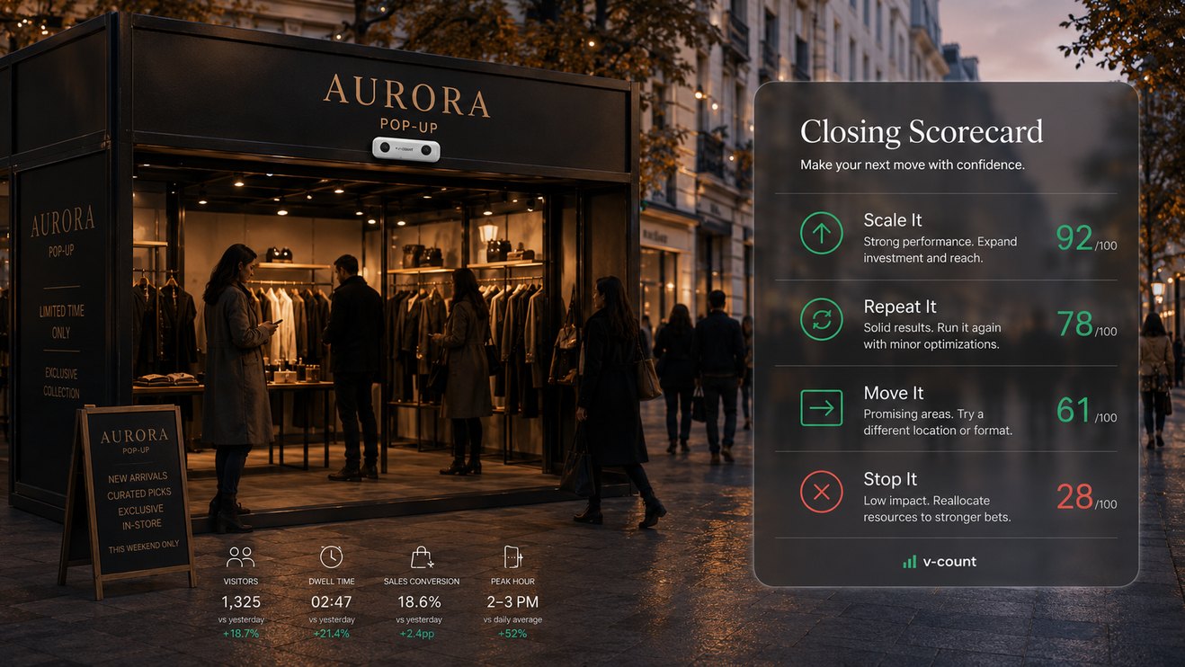 Storefront at dusk with a measurement scorecard for scale, repeat, move or stop decisions