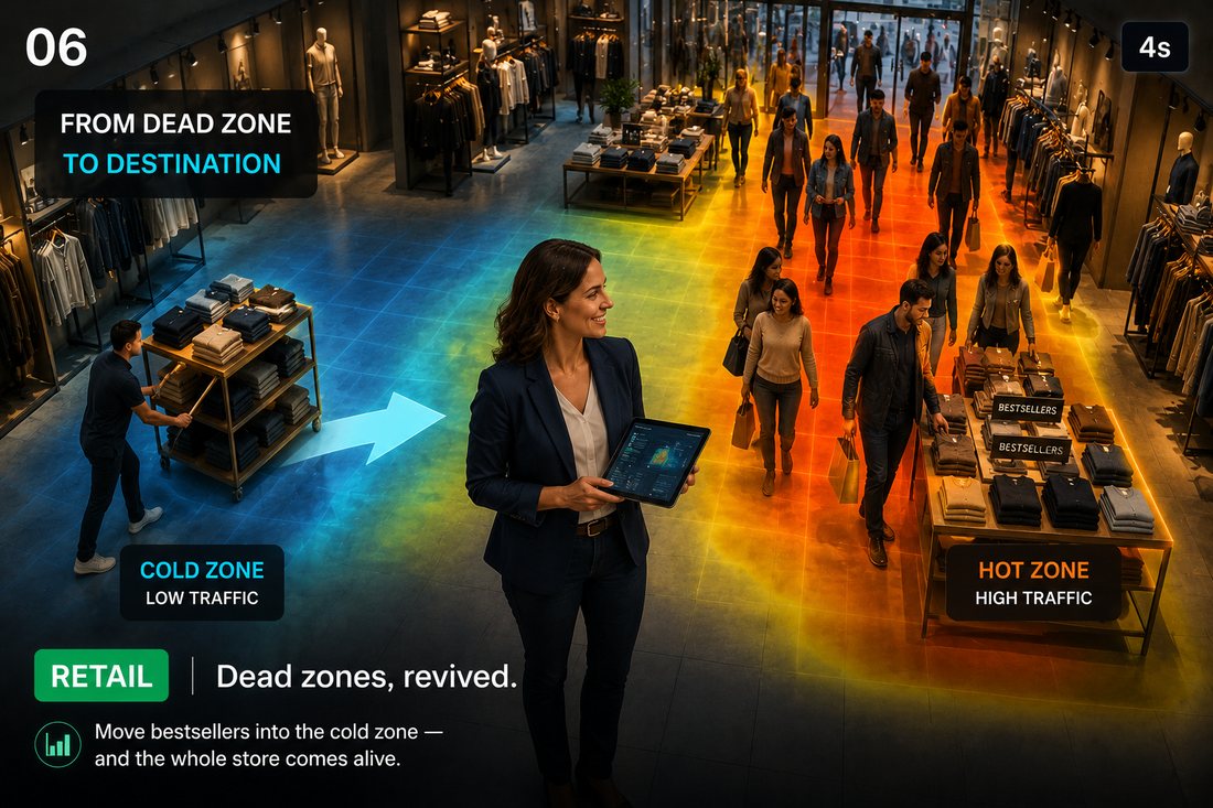 Retail heatmap showing cold zones revived by moving bestsellers