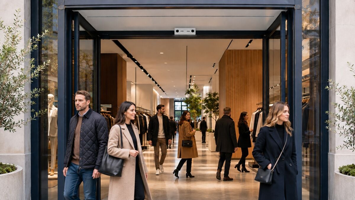 Nano AI people counting sensor installed above a busy retail entrance