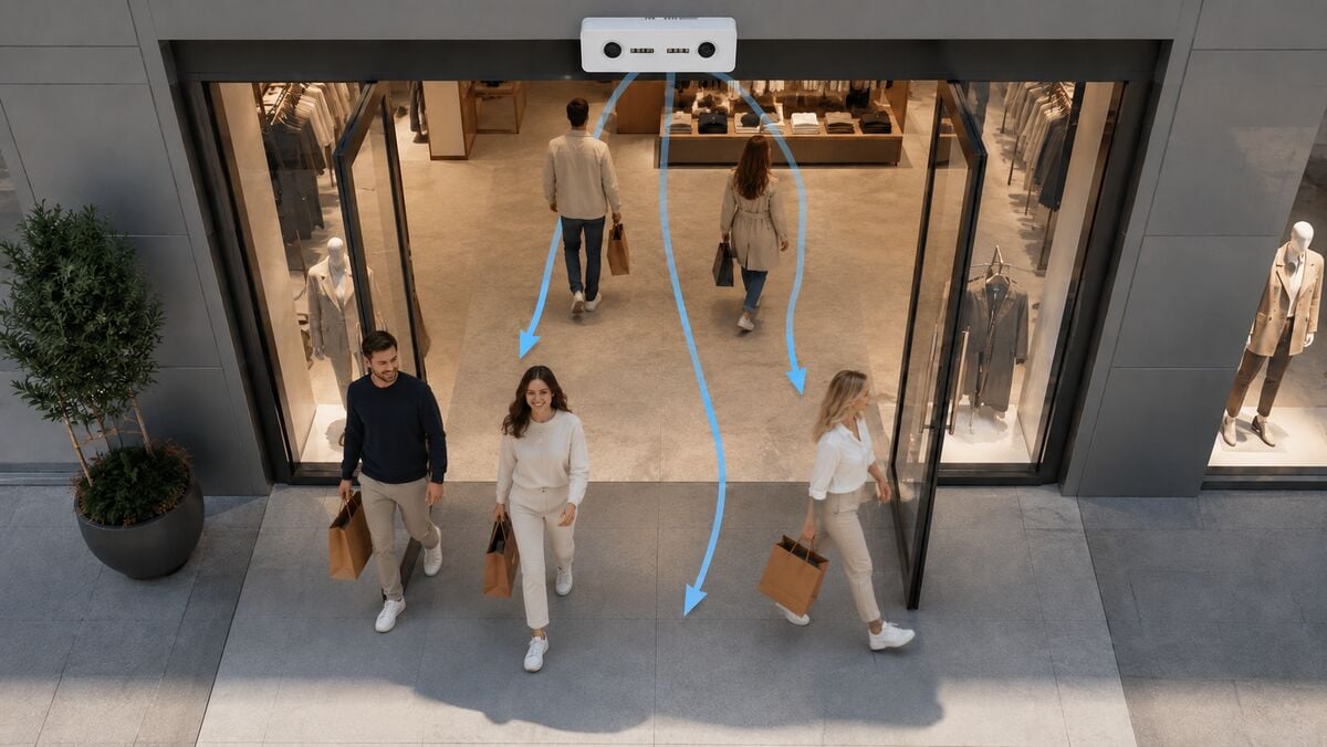 Customer flows entering and leaving a store beneath a Nano AI sensor