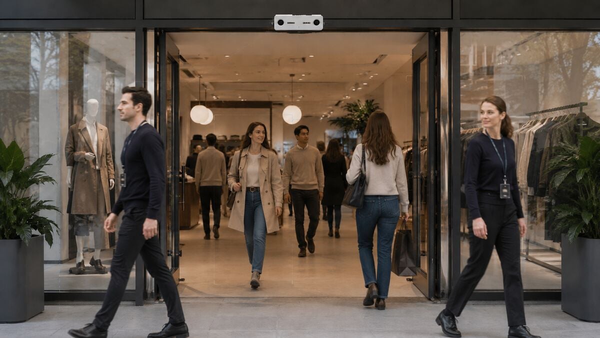Staff and shoppers moving in different directions at a monitored store entrance