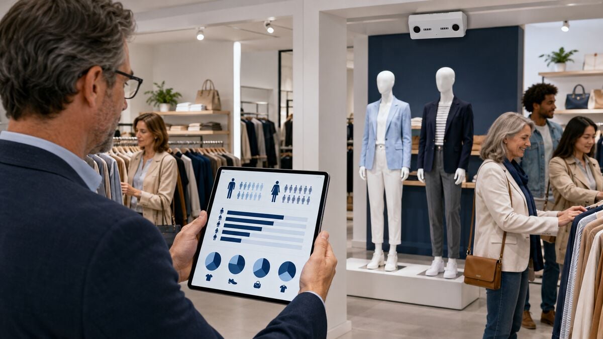 Retail manager reviewing anonymous gender and age trends from sensor data