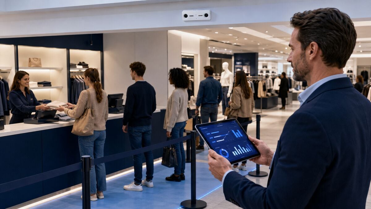 Retail manager reviewing live queue and performance analytics on a tablet